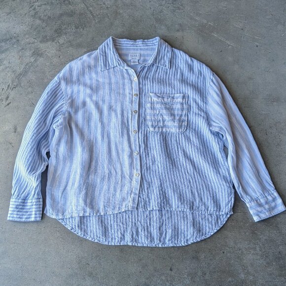 Nicole Miller Blue Mixed Stripe Linen Button Down Shirt medium - Picture 1 of 5